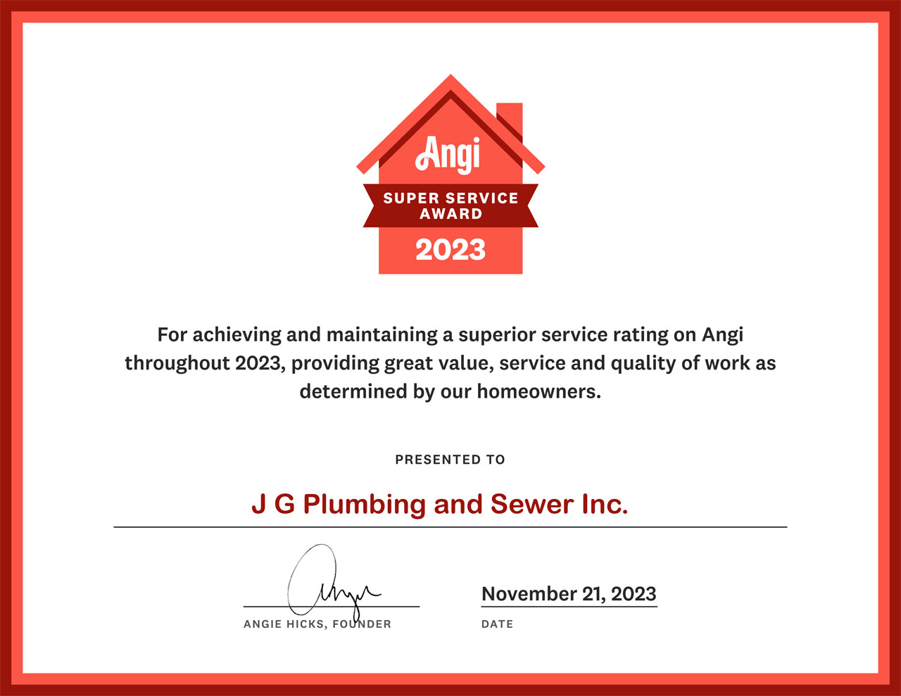 2023 Angi Award Certificate